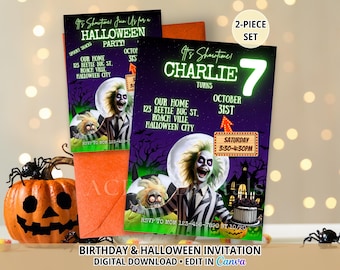 Beetle Bug Roach Birthday & Halloween Invitations, 2-Piece Set, Halloween Party Invite, Editable Canva Template