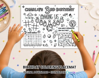 Alien Space Game Birthday Coloring Placemat, Printable Kids Party Activity Sheet, Editable Canva Template