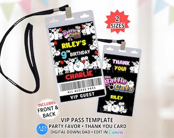 The War Kitties Cats Battle VIP Badge, Guest Pass, All Access Pass, Backstage Pass, Thank You Card, Party Favor Tag, Editable Canva Template