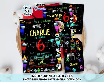 Alien Space Game Birthday Invitation, Front & Back Invite and Thank You Tag, 4-Piece Set, 5x7 and 4x6, Canva Template Digital Download