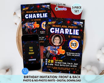 Dart War Dart Gun Battle Birthday Party Invitation, Photo & No Photo Invite, Party, See You Soon Back, 3-Piece Set, Editable Canva Template