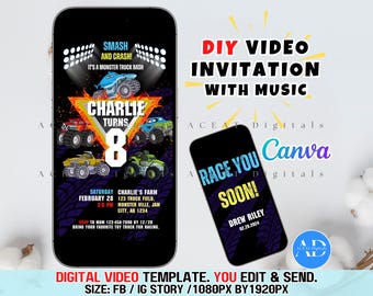 Monster Truck Video DIY-Einladungsvorlage Einladung Save the Date Rückseite Geburtstagsparty Download Bearbeitbar in CANVA