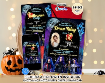 Heirs 3 Piece Invitation Set, Birthday and Halloween Invite, Photo & No Photo, Editable Canva Template, Digital Download