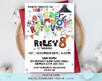 Alphabet Number Birthday Invitation, Party Invite, Editable Canva Template