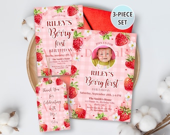 Strawberry Berry First Birthday Party Invitation, Photo & No Photo Invite, Thank You Favor Tag, Editable Canva Template Digital Download