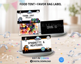 Alien Space Game Food Tent, Favor Bag Label, Place Card, Thank You Card, Birthday Party Printable, Editable Canva Template, Digital Download