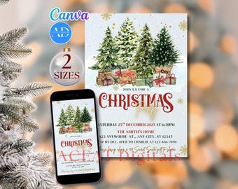Weihnachtsfeier-Einladungsvorlage Laden Sie das Abendessen im Urlaub ein Klassische Retro, bearbeitbarer digitaler Download
