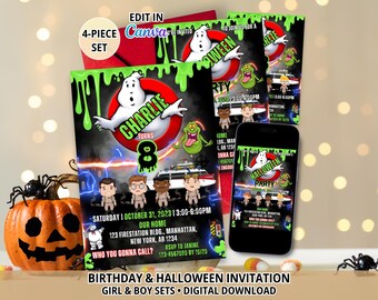 Ghost Stoppers Birthday & Halloween Invitations, 4-Piece Set, Halloween Party Invite, Boys and Girls Group, Editable Canva Template