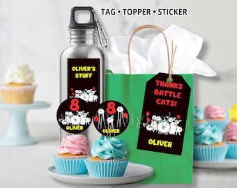 The War Kitties Cats Battle Birthday Cupcake Topper, Thank You Tag, Stickers, Party Favor Tag, Editable Canva Template