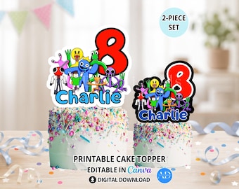 Classic Rainbow Group Cake Topper Printable, Birthday Cake Topper, Kids Party Decor, Editable Canva Template, Digital Download