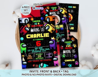 Alien Space Game Birthday Invitation, Front & Back Invite and Thank You Tag, 4-Piece Set, 5x7 and 4x6, Canva Template Digital Download