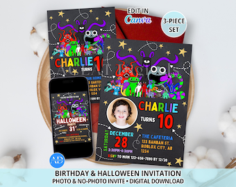 Kinder Garten Friends Birthday Invitation, Photo & No-Photo Invite, Halloween Party Invite, 3-Piece Set, Canva Template Digital Download