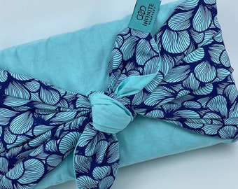 Reversible, Papel de regalo de tela, Furoshiki, Bojagi, Pétalos orientales azules / Azul Aruba, Fecha de nacimiento, Aniversario, Bautizo, para mujeres