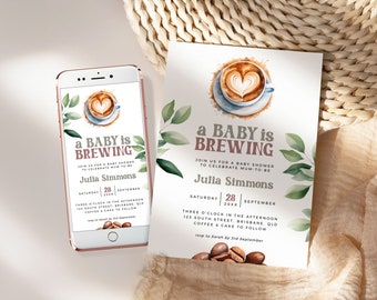 A baby is brewing shower invitation gender neutral coffee baby shower couple invite fall coed editable template, BLISS-05