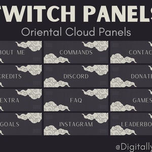 Puede incluir: Un conjunto de 12 paneles de Twitch con un diseño de nube oriental estilizado. Cada panel tiene una etiqueta de texto diferente, como "Acerca de mí", "Comandos", "Contacto", "Créditos", "Discord", "Donar", "Extra", "Preguntas frecuentes", "Juegos", "Metas", "Instagram" y "Tabla de clasificación".