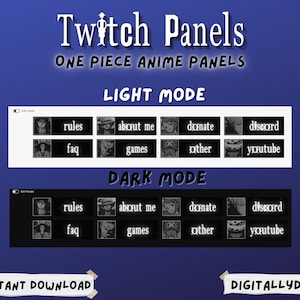 May include: A digital download of Twitch panels featuring characters from the anime One Piece. The panels are in both light and dark mode and include categories such as rules, about me, donate, discord, faq, games, other, and youtube.