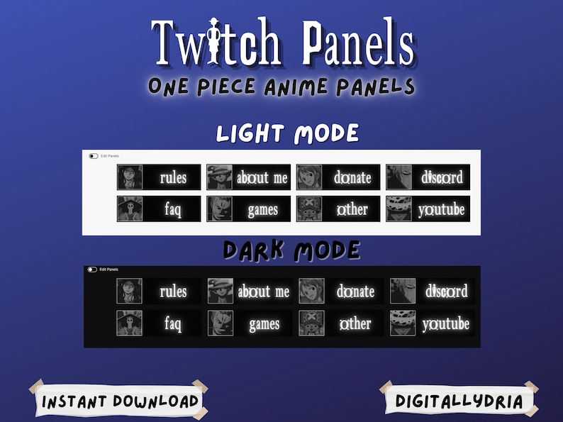 May include: A digital download of Twitch panels featuring characters from the anime One Piece. The panels are in both light and dark mode and include categories such as rules, about me, donate, discord, faq, games, other, and youtube.
