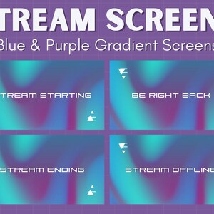 以下が含まれることがあります： 青と紫のグラデーションで4つの画面。画面には「Stream Starting」「Be Right Back」「Stream Ending」「Stream Offline」のテキストが表示されています。