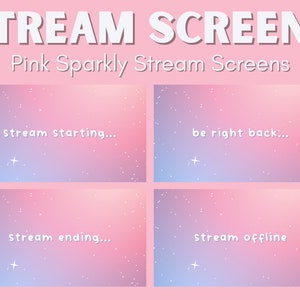 Puede incluir: Cuatro pantallas de transmisión de gradiente rosa y púrpura con texto blanco. Las pantallas dicen "stream starting...", "be right back...", "stream ending...", y "stream offline".