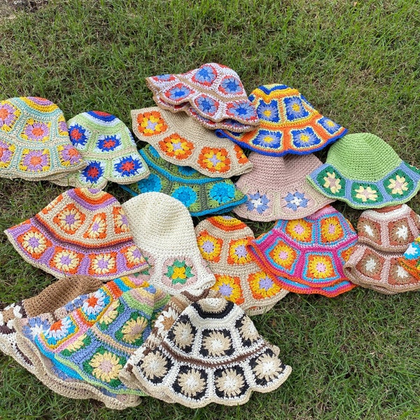 Gehäkelter Fischerhut, gehäkelter Sonnenhut, Strohhut, Oma quadratischer Hut, gehäkelter Blumenhut, Frauenhüte, Geschenke für sie