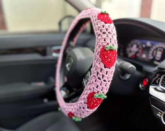 Pink Strawberry Crochet Car Steering Wheel Cover, Strawberry Safety Steering Wheel, Gift for Her, Car Accessories,New Car Gift,Mother's Day