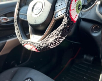 Spider Web and Evil Eye Steering Wheel Cover, Crochet Spider Web Car Steering Wheel Cover, Car Accessories, Mother's day gift