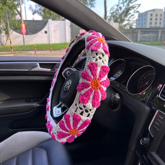 Pink Flower Handmade Crochet  Car Wheel Cover/Car Accessories/Crochet Sunflower Steering Wheel Cover/Cute Steering Wheel Cover/Mother's day