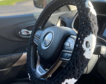 Black Skull Car Steering Wheel Cover/Handmade crochet Car Cover/Car Accessories/gift for her/Gift for Wife /Mother's day gift