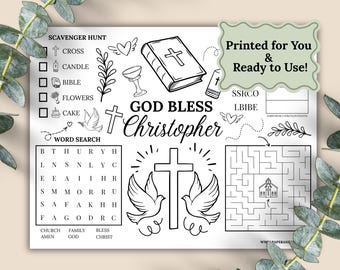 Personalized Baptism Coloring Placemat: 8.5" x 11" Children's Christening Table Activity Sheet