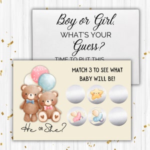 Gender Reveal Scratch Off, Baby Gender Announcement, Boy Or Girl Gender Reveal Scratch Card, Baby Shower Game, Bear, Pink or Blue