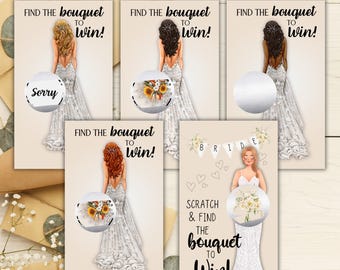Può includere: Biglietti gratta e vinci per matrimoni con illustrazioni di spose in abiti bianchi. Le carte presentano il testo "Find the bouquet to win!" e "Scratch & Find the bouquet to Win!". Alcune carte hanno un messaggio "Sorry".
