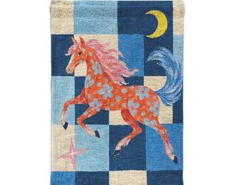 Pink horse wall blue checkerboard and stars tapestry whimsical Nursery wall decor, vintage girls room wall hanging, European kids room decor