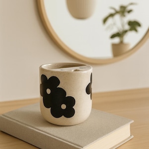 Personalised Handmade Ceramic coffee cup Travel Tumbler speckle black flowers gift idea for coffee lovers christmas gift idea for her
