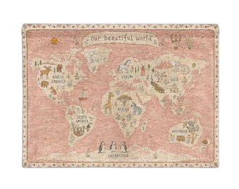 Pink World map nursery wall art whimsical kids world map wall tapestry educational playroom decor storybook map kids room decor