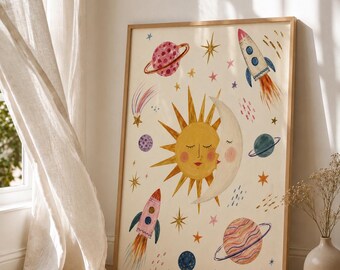 nursery wall art print space nursery decor rocket and planets kids wall art colorful nursery poster scandi kids room decor baby boy gift