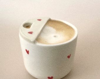 Custom Handmade Ceramic coffee mug gift idea for her Red Heart Mug with Lid