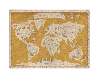World map nursery wall art mustard whimsical kids world map wall tapestry educational playroom decor storybook map kids room decor