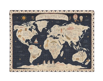 Montessori Navy World map nursery wall art whimsical kids world map wall tapestry educational playroom decor storybook map kids room decor