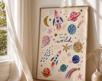 gender neutral nursery wall art print space nursery decor rocket and planets kids wall art colorful nursery poster scandi baby boy gift