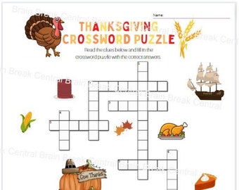1st Grade Thanksgiving Crossword Puzzle with Word Bank and Answer Key, Printable
