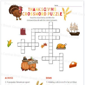2nd Grade Thanksgiving Crossword Puzzle With Word Bank and Answer Key