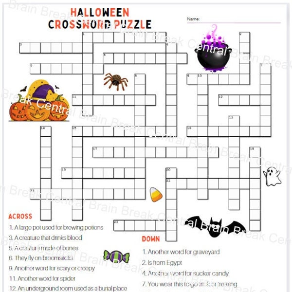 High School Halloween Crossword Puzzle with Answer Key