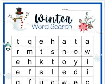 Kindergarten Winter Word Search with Answer Key, Printable