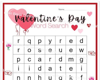 Kindergarten Valentine's Day Word Search with Answer Key, Printable