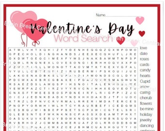 High School Valentine's Day Word Search with Answer Key, Printable