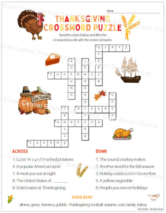 3rd Grade Thanksgiving Crossword Puzzle With Word Bank and Answer