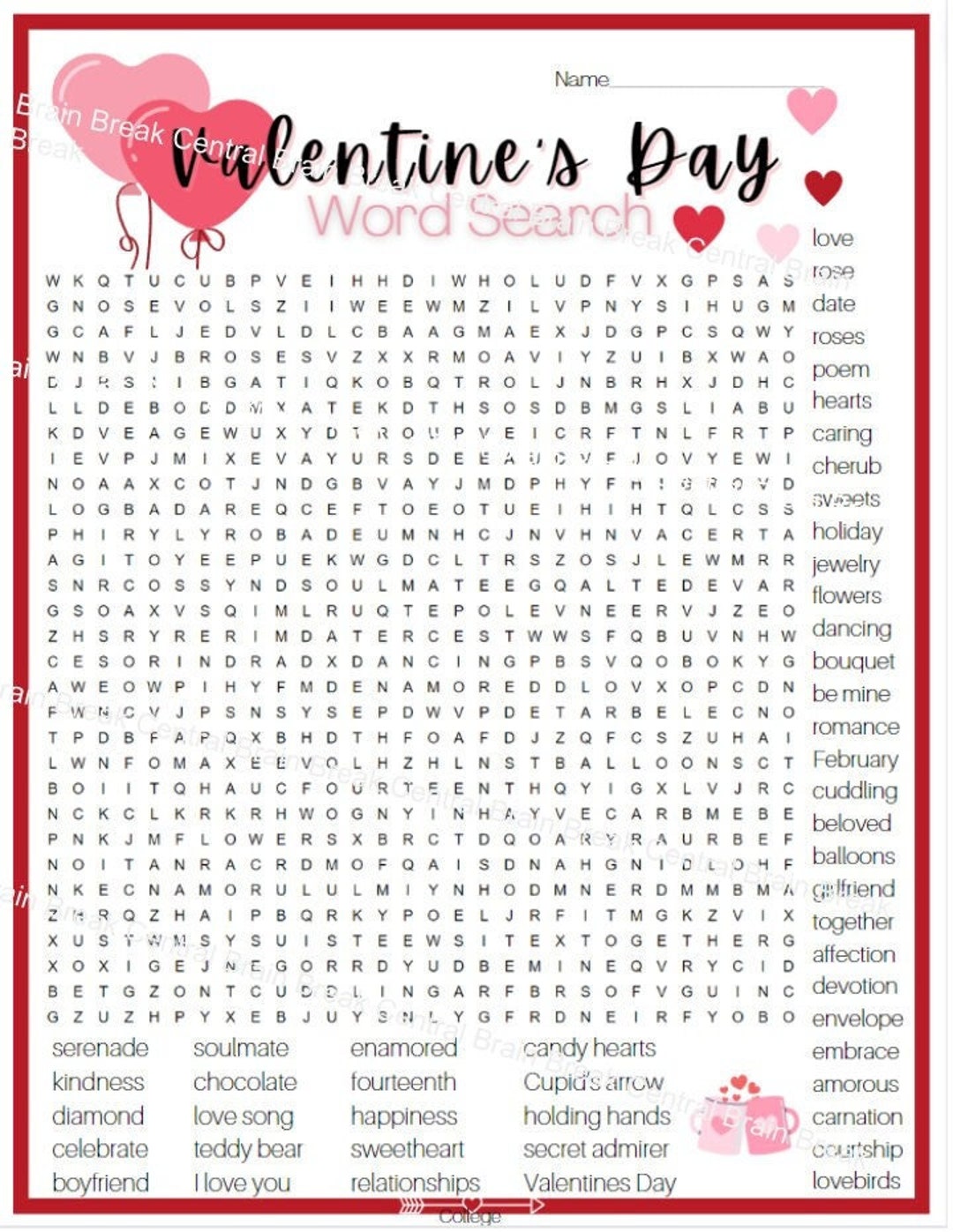 college/adult valentine's day word search with answer key