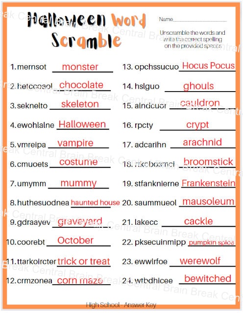 High School Halloween Word Scramble Worksheet With Answer Key ...