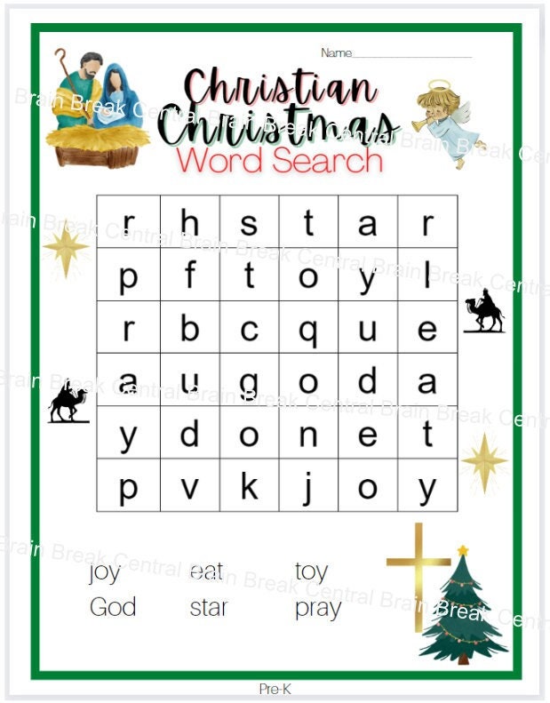 Prek Christian Christmas Word Search With Answer Key, Printable Etsy