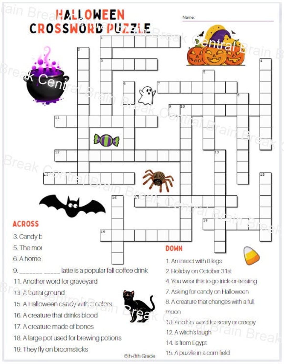 6th-8th Grade Halloween Crossword Puzzle With Answer Key - Etsy